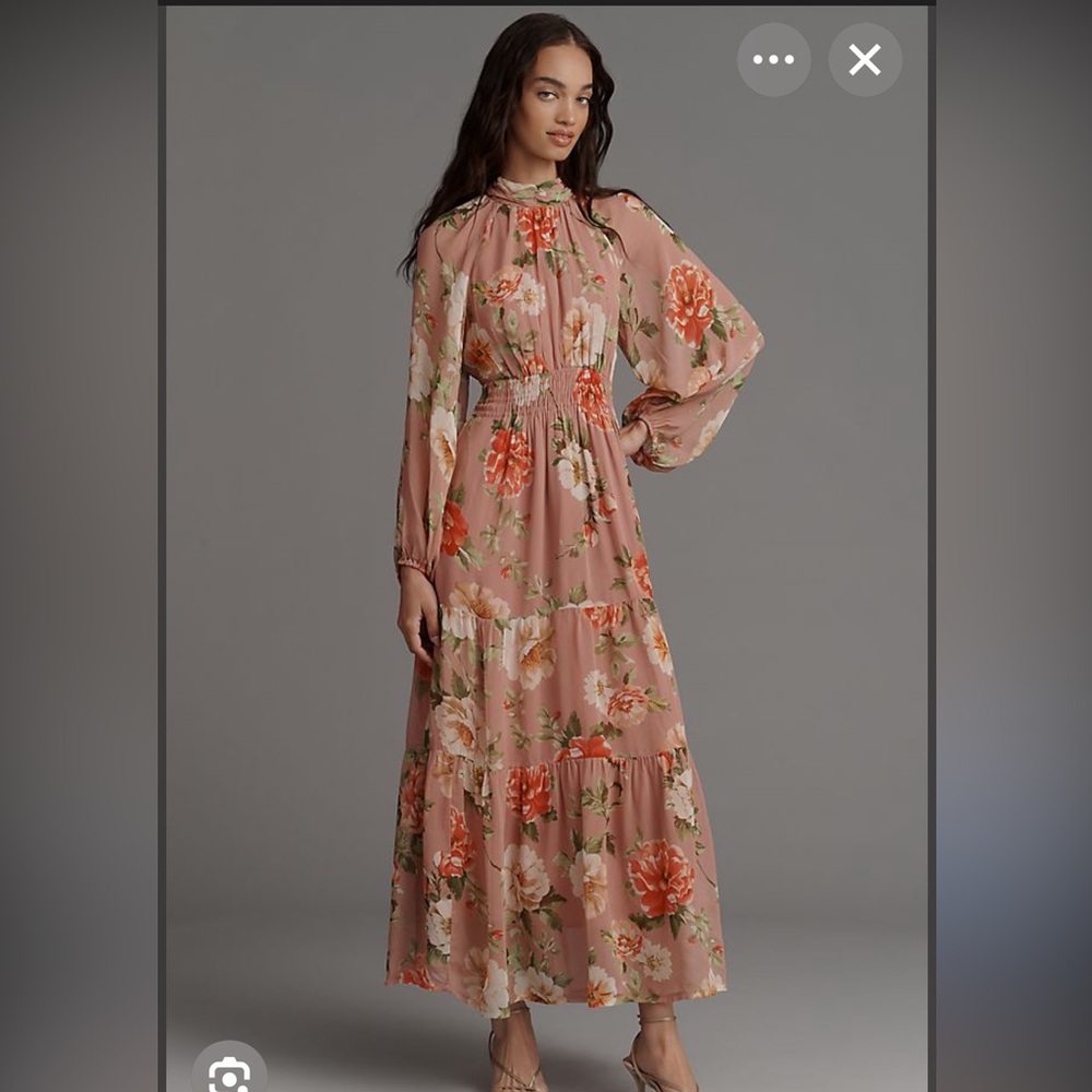 Anthropologie Floral Long Sleeve Dress in Pink and Cream